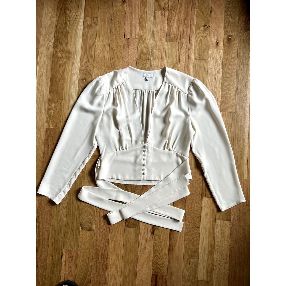 Reiss Plunge Deep V-neck Buttons Tie Wrap Beige Blouse Coquette Lingerie (size 2 - Picture 6 of 14